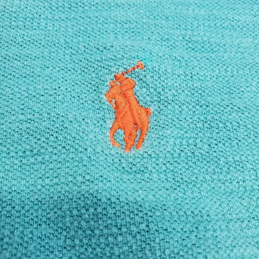 Ralph Lauren POLO Shirt Mens Medium Teal Multicolor Striped Casual Preppy Travel